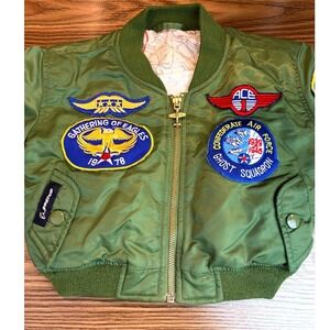 Kids Aviator Bomber Jacket Green MA-1 Style Patches Boeing Air Force